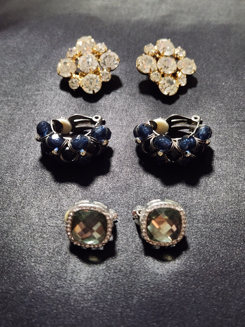 Clip On Earring Bundle Crystal Cluster Gold-Tone, Blue Sparkle, Smokey Silver